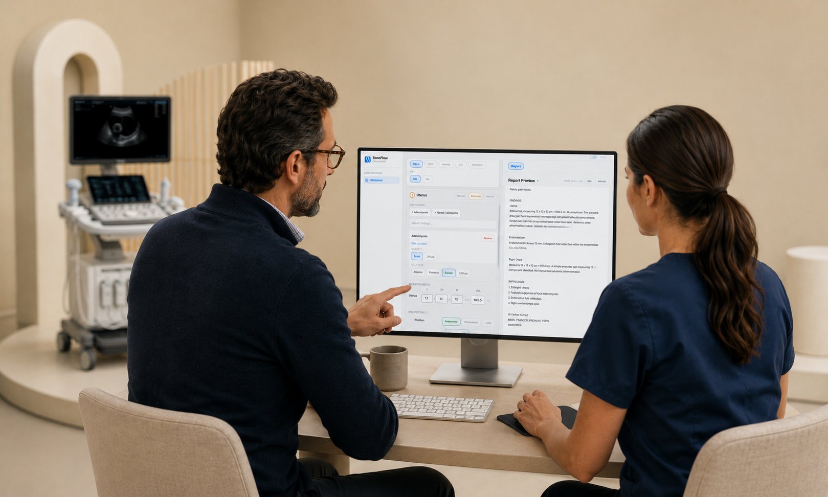 A radiologist and sonographer reviewing a Quickly worksheet and report preview together on a monitor