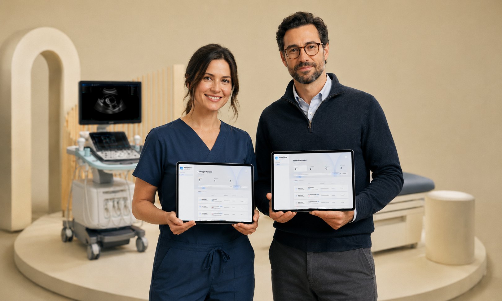 Two clinicians holding tablets showing the Quickly app in an imaging clinic