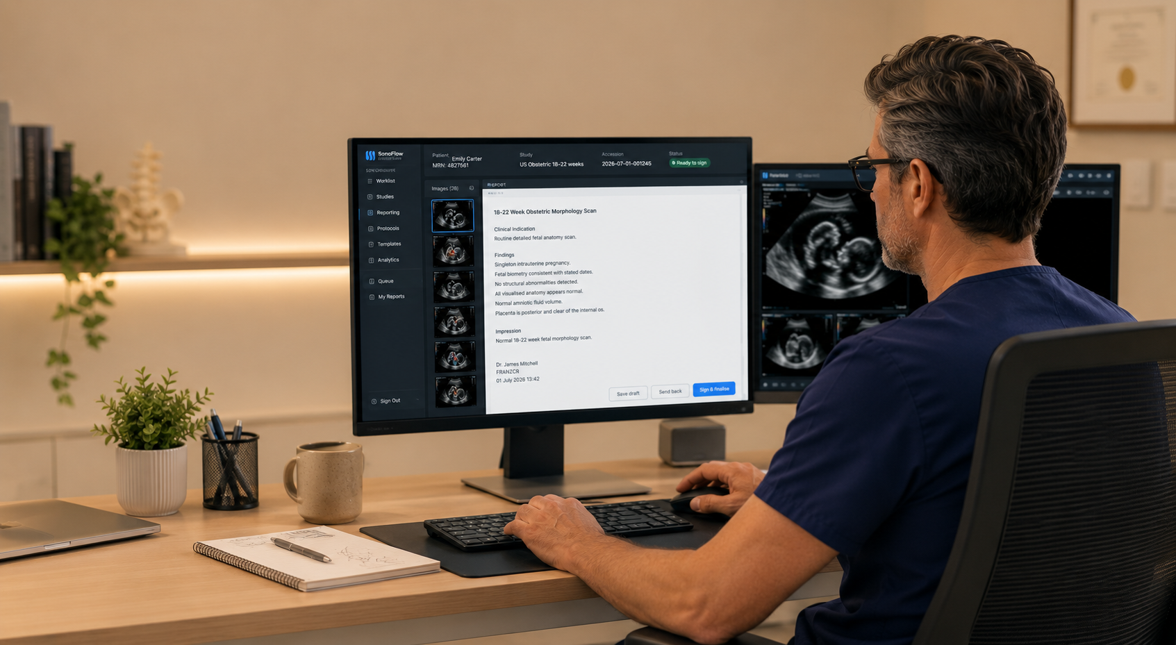 Radiologist reviewing a Quickly report and sending it to PACS